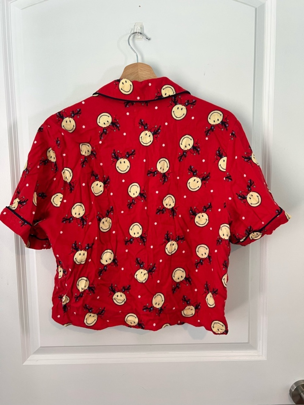 Aerie Smiley® Flannel Pajama Shirt + Ruffle Shorts Holiday Red Christmas PJ Set - Picture 9 of 13